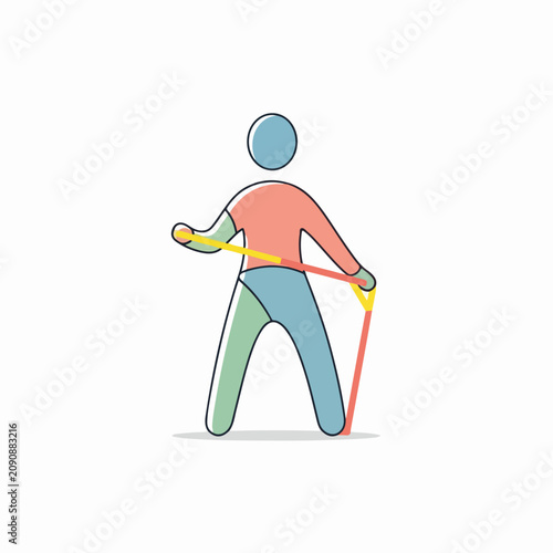 Stylized figure exercising with resistance band. Minimalist fitness and stretching workout for weight loss. Vector illustration