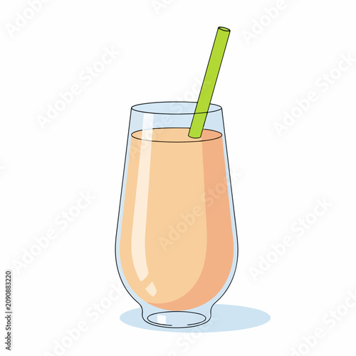 Glass of healthy fruit smoothie. Fresh orange juice with a straw. Vector illustration