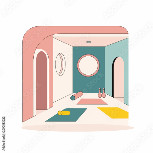 Modern yoga studio interior vector illustration. Minimalist gym and fitness room design. Wellness, exercise and weight loss concept