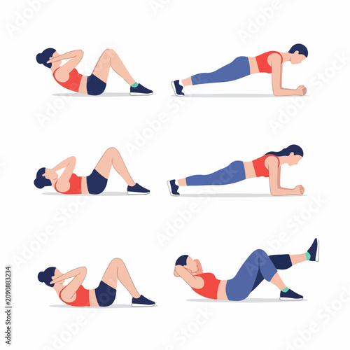 Core workout and abdominal exercises set. Women performing planks and crunches for fitness and weight loss. Flat design vector illustration