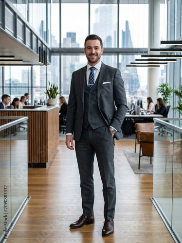 Smiling young White businessman in a grey three-piece suit standing in a modern corporate office background, exuding a confident and professional mood.