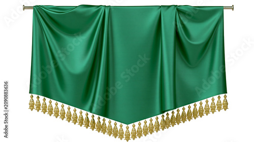 Schilderij op canvas Emerald green satin fabric draped with gold tassels, isolated on transparent bac