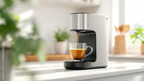 Modern coffee maker brewing coffee in a glass cup on a kitchen counter