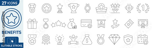 Obraz na płótnie Benefits line icon set with 27 icons, loyalty program rewards and employee perks