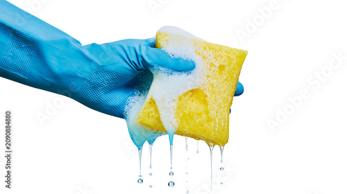 Photos Blue rubber glove holding wet yellow sponge with dripping suds isolated on trans