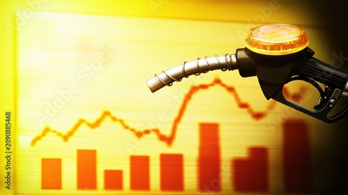 Fuel pump nozzle superimposed on rising financial graph symbolizing commodity prices and market trends