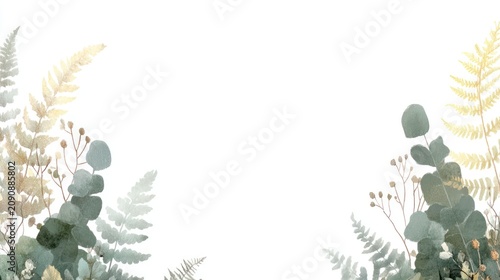 Soft watercolor botanical border with fern and eucalyptus elements