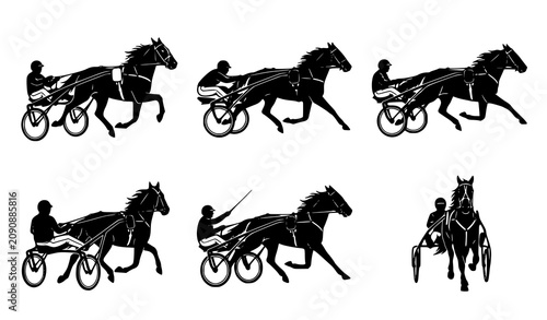 Bild auf Leinwand Harness Racing Horse and Driver Silhouette Collection with Dynamic Speed Vector