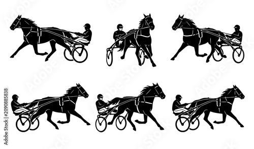 Canvastavla Harness Race Horse Silhouette Set with Sulky Driver and Equestrian Speed Vector