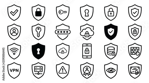 Cyber Security Shield Icons Outline Vector Pack