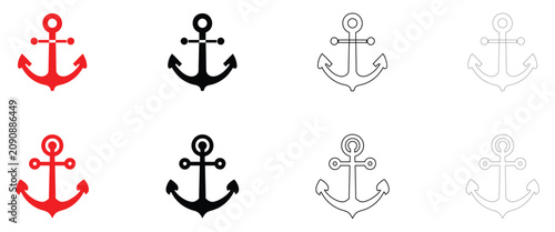 Marine anchor icon vector, nautical marine symbol icon vector, silhouette and line art illustration