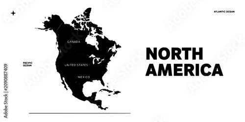 North America Map Illustration with Labeled Countries and Oceans Featuring Vector, Black, White with Canada and United States
