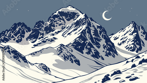 Tableau sur toile Mountain range illustration with snowy peaks and crescent moon against a blue gr