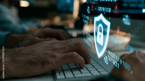 Cybersecurity shield icon glowing on a computer screen as a professional programmer types code in a dark office environment during a late night work shift