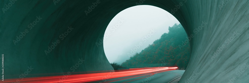 Obraz premium Concrete tunnel road with circular opening and red light trails for panoramic background and banner design with dramatic perspective