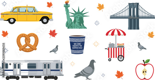 Schilderij op canvas New York City Landmark and Icon Vector Element Set Featuring Yellow Cab, Statue