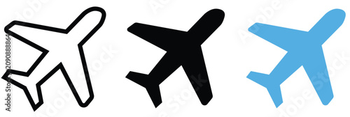 Three distinct airplane vector icons featuring outline silhouette and solid blue styles for modern digital design