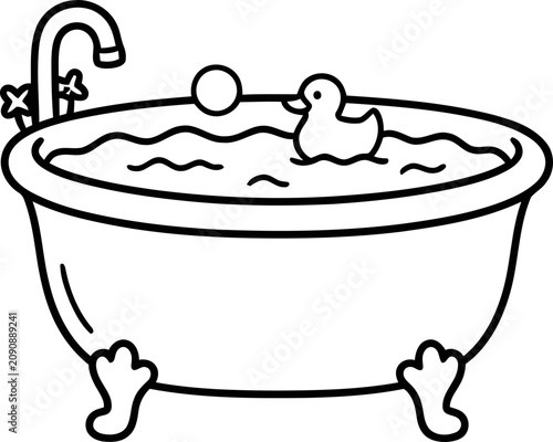 Fotografie Cute rubber ducky toy floating in a bathtub filled with bubbly water, simple line art
