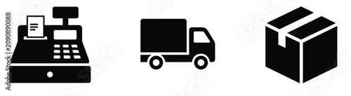Fotografía Minimalist vector graphic set featuring a cash register a delivery truck and a c