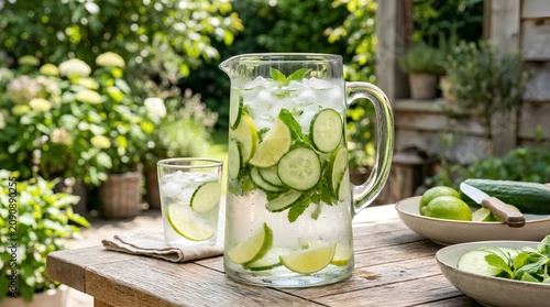 A glass pitcher of iced cucumber, lime, and mint water sits on a rustic garden table with a serving glass and fresh ingredients, perfect for summer refreshment ads.