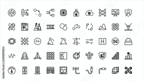 Fotografie Quantum Computing and Scientific Research Outline Icons Set – Physics, AI, Labor