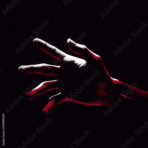 Dramatic Halftone Graphic of Red Hand Reaching Out From Dark Background
