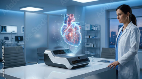 A professional female physician observes a detailed holographic projection of a human heart generated by advanced medical technology in a modern hospital