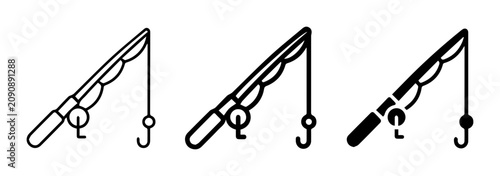 Schilderij op canvas Fishing Rod Icons, Simple Line Art and Silhouette Styles for Angling and Outdoor