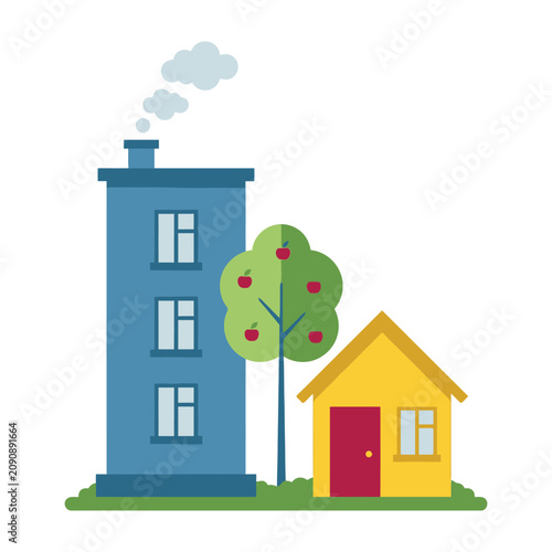 blue apartment building next to yellow house with tree