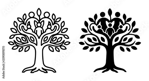 Photography Family Tree Icons, Human Figures in Tree Branches, Genealogy Symbol, Ancestry Ve