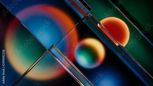 Multicolor spheres and geometric glass prisms composition with abstract