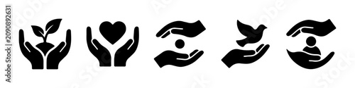 Set of 5 Hands Icons: Growth, Love, Support, Peace, Protection. Vector Symbols.