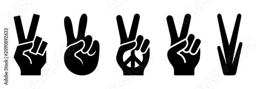 Foto Peace Sign Hand Gestures, Victory Symbol Collection, Black Icons for Freedom and