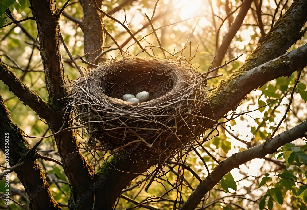 Fototapeta premium bird nest with eggs in tree branches at golden hour