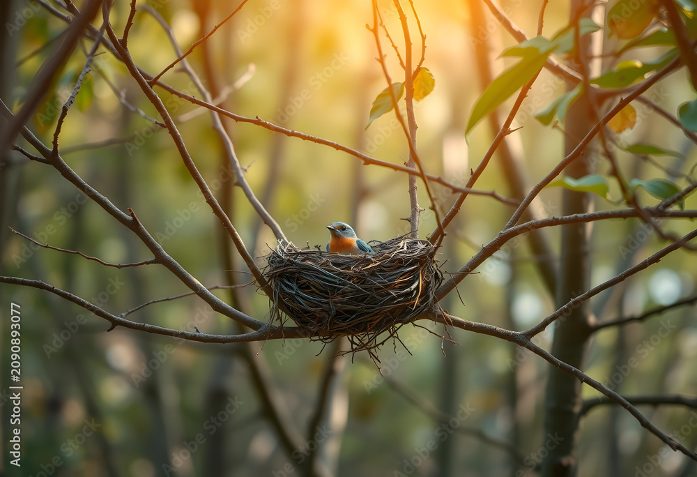 Fototapeta premium Small bird sitting in nest on tree branch at sunset