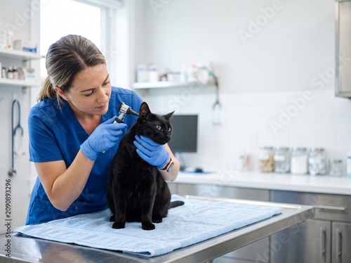 A veterinarian in blue scrubs and gloves examines a black cat's ear with an otoscope in a bright clinic setting