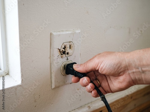 Hand plugging in a power cord to a damaged electrical outlet