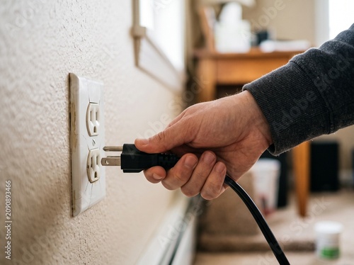 Hand plugging an electrical cord into a wall socket. The socket is white with two openings, and the cord is black