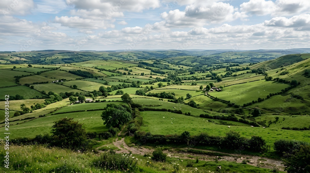 Obraz premium A sweeping view of green patchwork hills, hedgerows, grazing sheep, and scattered farmhouses under a cloud-filled sky suits rural travel and nature campaigns.