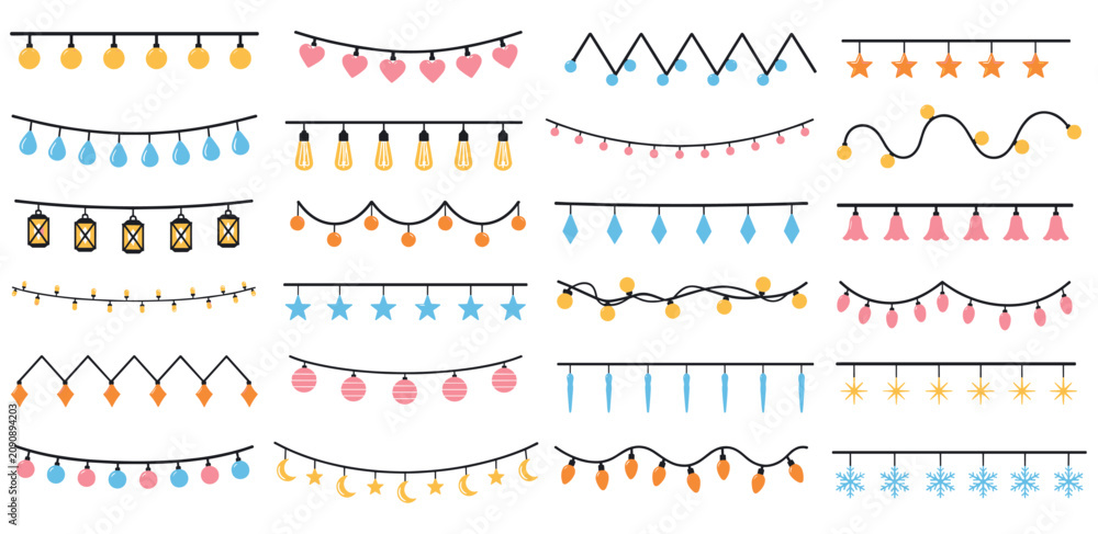 Fototapeta premium Large collection of colorful string lights and festive garlands featuring various bulb shapes like stars, hearts, snowflakes, and lanterns for holiday and party decoration