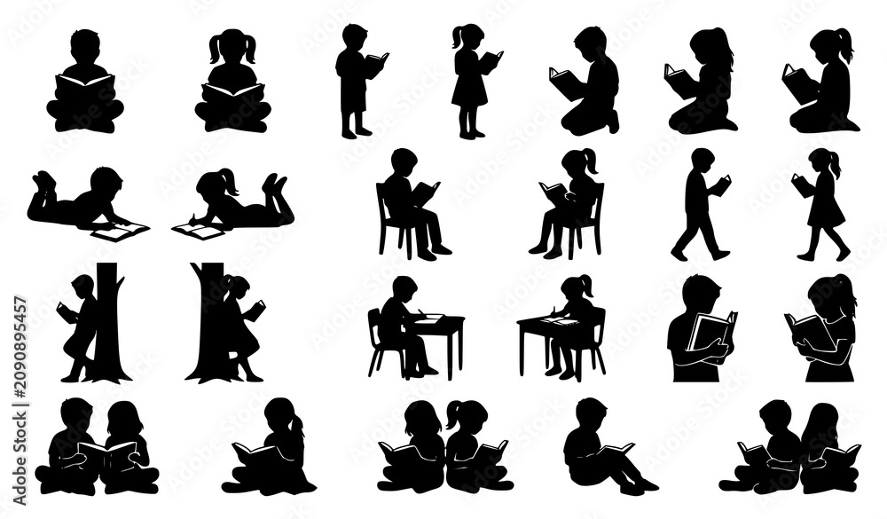 Obraz premium Boys and Girls Reading Books Silhouette Collection with Children in Different Reading Poses