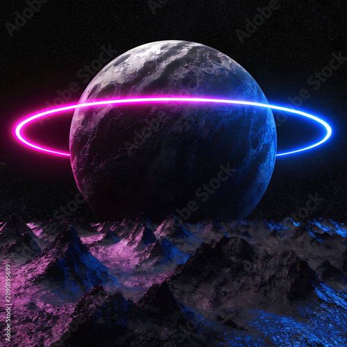 Sci-Fi Alien Planet Landscape with Giant Moon and Neon Glowing Ring