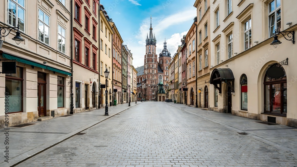 Fototapeta premium Empty historic street in krakow leading to saint marys basilica poland