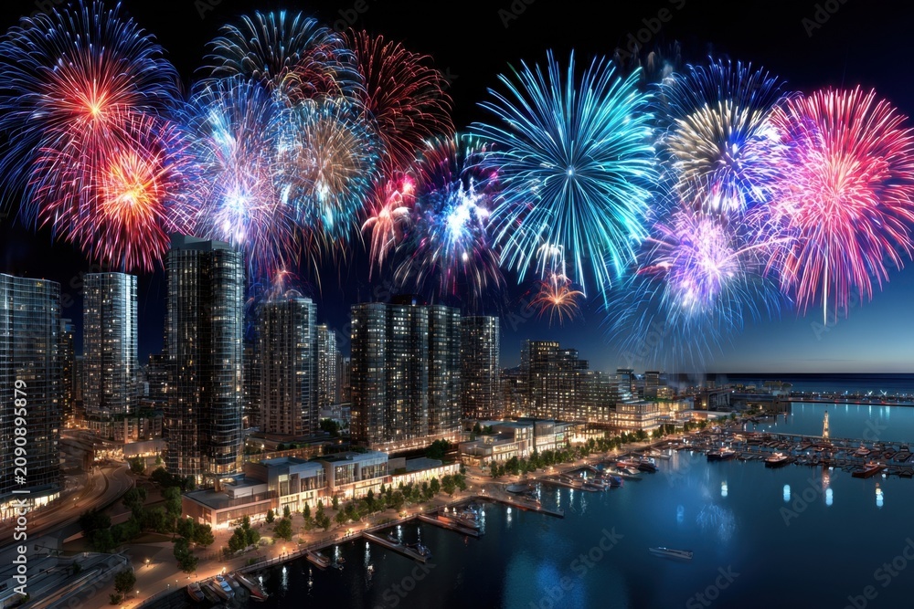 Naklejka premium Fireworks over a modern city waterfront at night