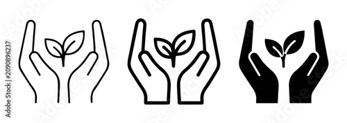 Fotografie Hands holding seedling, growth, care, sustainability icons