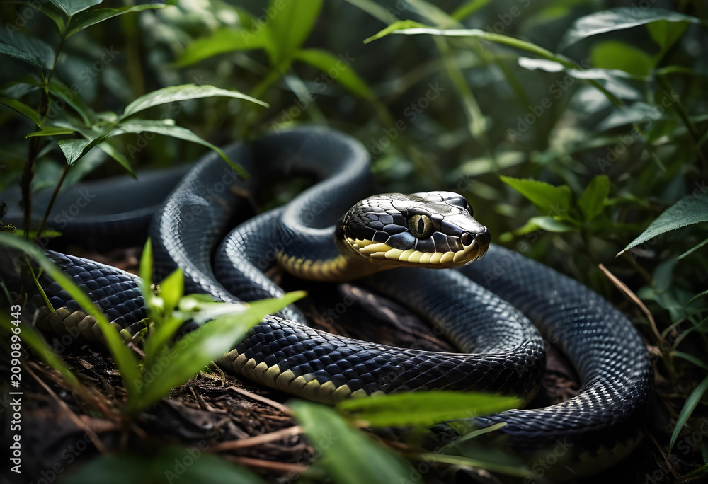 Obraz premium Close-up of a black snake coiled in green underbrush