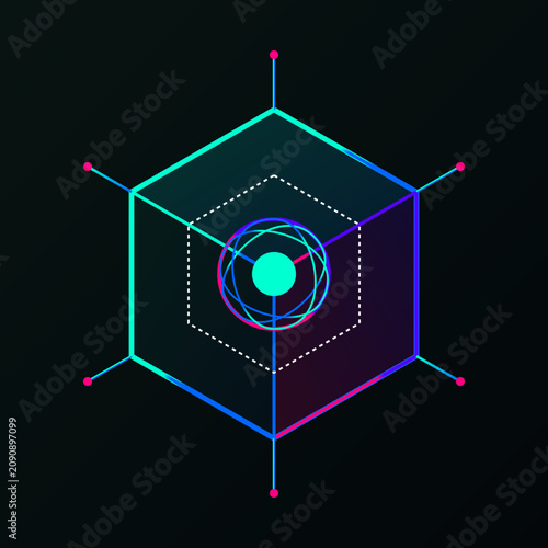 Futuristic isometric quantum computing core structure featuring neon geometric lines and a glowing central atom.