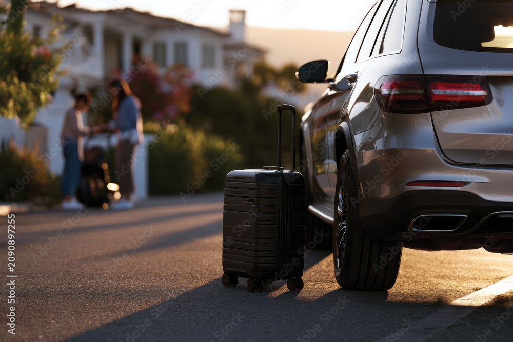 Fototapeta premium A stylish suitcase sits next to a luxury car on a picturesque street, emblematic of sophistication and adventure awaiting in a beautifully crafted travel scene.