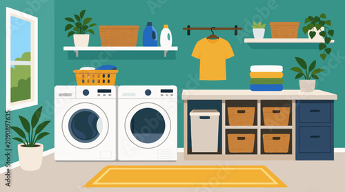 Bright organized laundry room vector illustration with front load washer, dryer, folding counter, baskets, shelves, houseplants, folded towels and sunny modern home utility storage decor