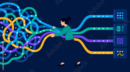 Data engineer untangling glowing information pipelines vector illustration, colorful streaming networks feeding servers, big data cleanup, cloud integration and digital workflow automation